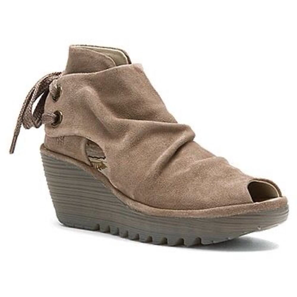 FLY LONDON | Suede Lace-Up Peep Toe Platform Wedge Booties Taupe | EU 39 (8-8.5)